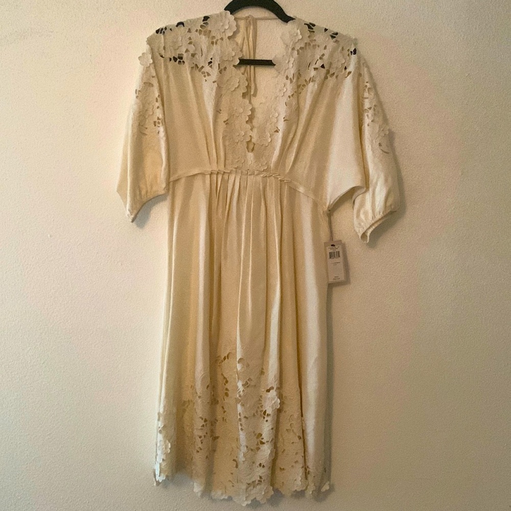 BCBG Pleated Satin Dress with Lace Detail - NWT